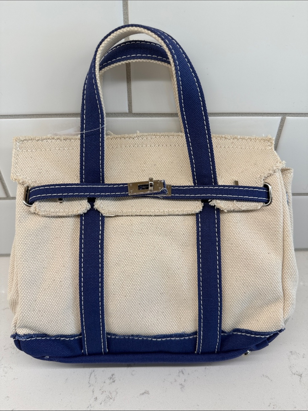New Canvas Tote Bag with Navy Trim - Classic Neutral Style